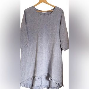 Bryn Walker Anthropology Blue short sleeve loose Linen shift ruffle hem Dress M